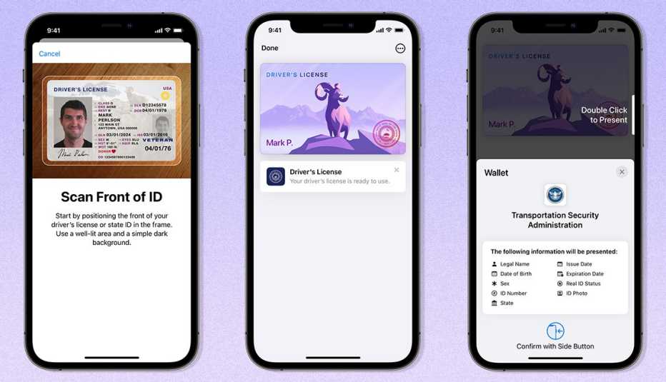 Tres imágenes de iphones que muestran la licencia de conducción digital