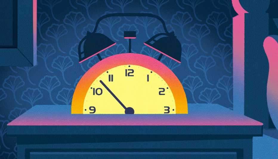 Ilustración de un reloj despertador que tiene la forma de un sol que sale sobre el horizonte