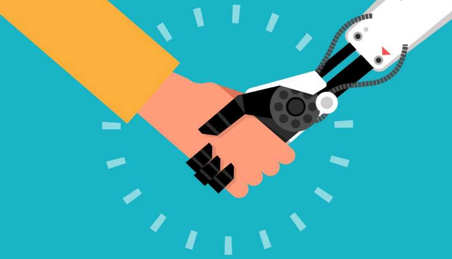 Gráfico de una mano humana y una mano de robot sujetadas entre sí