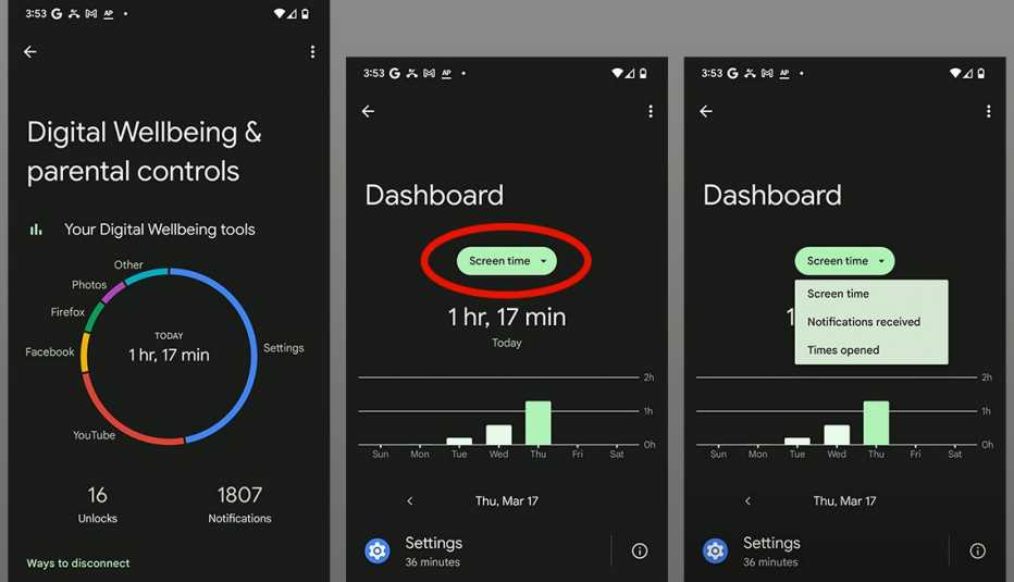 Capturas de pantalla de un teléfono Píxel de Google que muestran cómo monitorear y regular el tiempo de pantalla