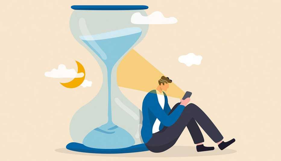 Ilustración de un hombre sentado contra un reloj de arena mirando la pantalla de un teléfono