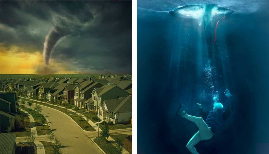 Dos imágenes: un tornado acercándose a un vecindario y un hombre y un perro cayendo a través del hielo