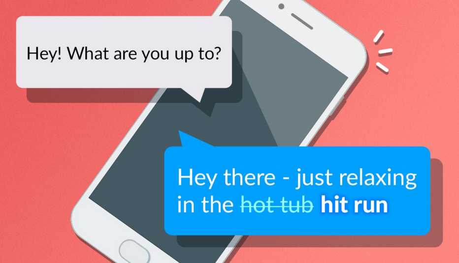 Ilustración de un teléfono que muestra un intercambio de texto por causa de la función de autocorrección
