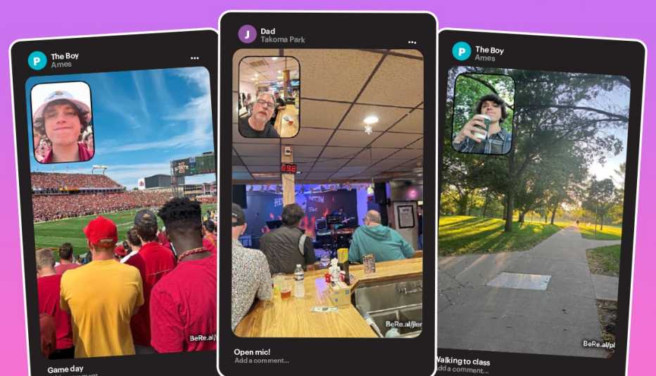 tres capturas de pantalla de la red social BeReal