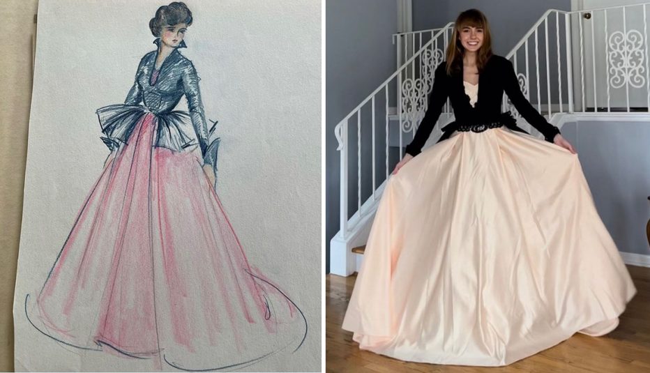 (Izquierda) Un diseño de un traje creado en el 1940 y a la derecha una joven vistiendo el traje inspirado por el diseño.