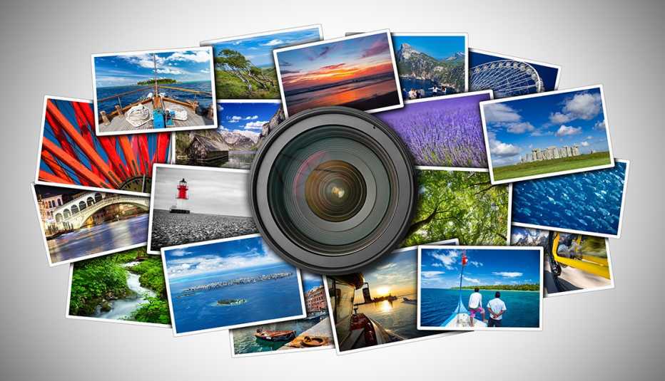 Un lente rodeado por un grupo de fotografías