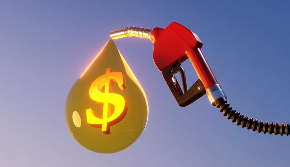 Ilustración de la bomba de una bomba de gasolina que emite una gota dorada que contiene un signo de dólar brillante