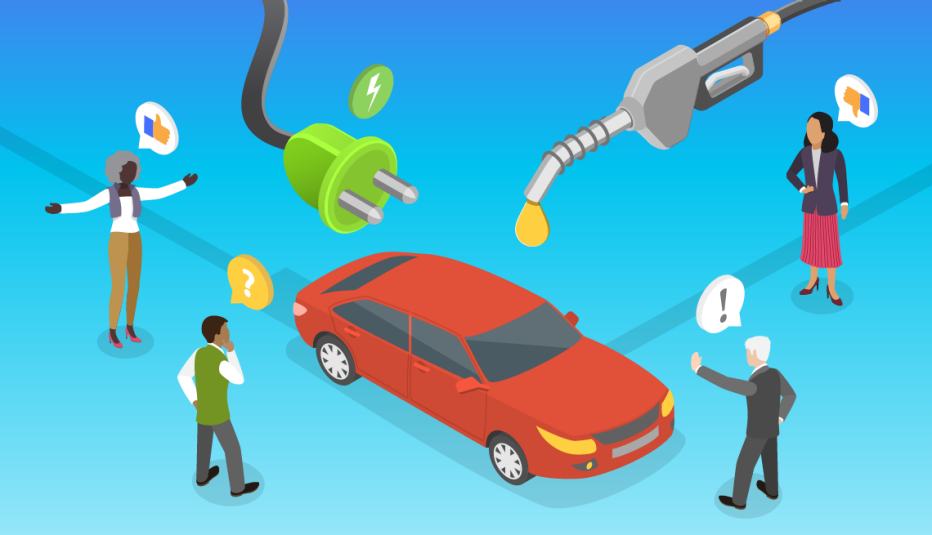 Personas de pie alrededor de un auto discuten los beneficios de autos a gasolina, híbridos y eléctricos