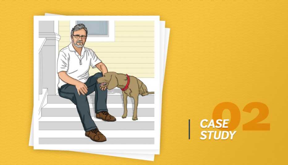 Ilustración de un hombre sentado al lado de su perro y el letrero caso de estudio 02.