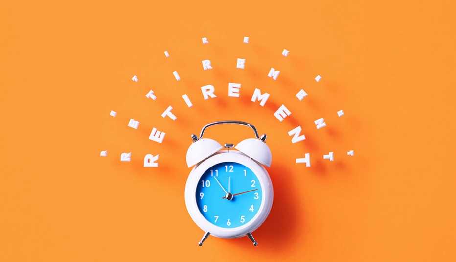 Ilustración de un reloj despertador de cuerda y encima en forma de onda la palabra jubilación