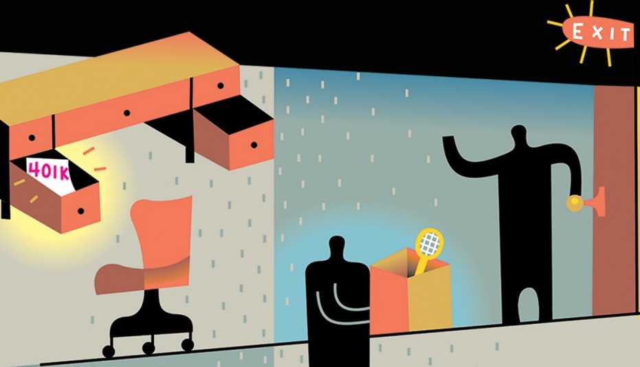 Ilustración de una oficina con un escritorio por el aire con un documento del 401k en uno de los cajones