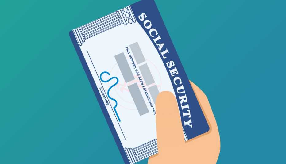 Una mano presenta una tarjeta de Seguro Social sobre un fondo azul.