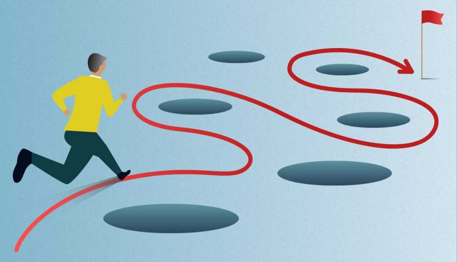 Ilustración de un hombre corriendo hacia una meta con hoyos en el piso