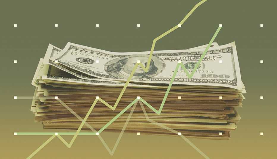 Dólares apilados detrás de una gráfica estadística de las subidas y las bajadas de los ahorros jubilatorios