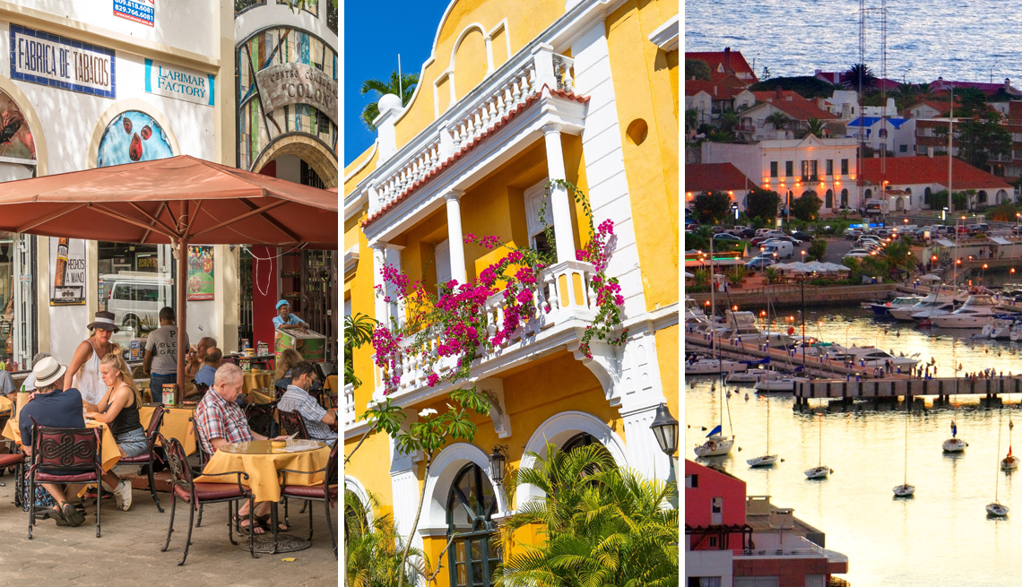 De izquierda a derecha: Calle en Santo Domingo, República Dominicana, casa histórica en Cartagena, Colombia y Panorámica de Punta del Este, Uruguay