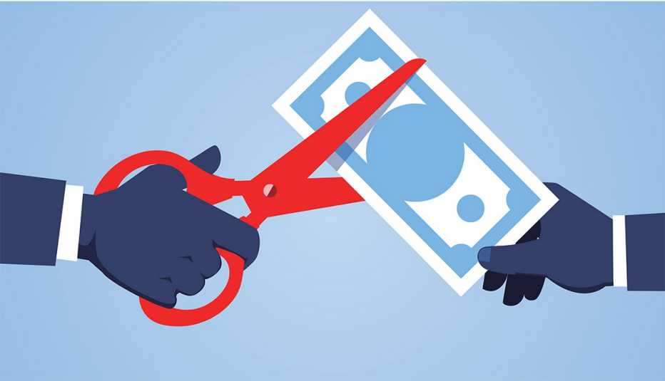 Ilustración de una mano con una tijera que corta un billete sostenido por otra mano
