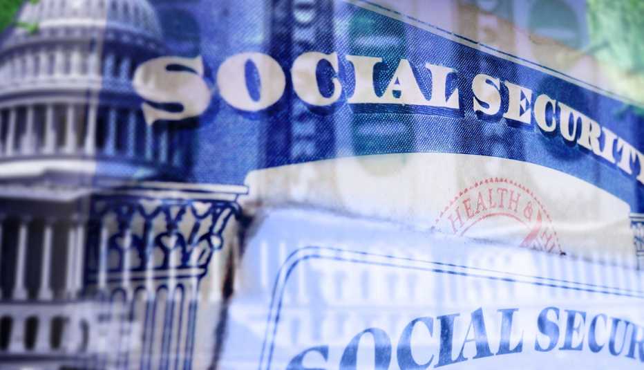 Capitolio de Estados Unidos y encima una imagen semi transparente de una tarjeta del Seguro Social.