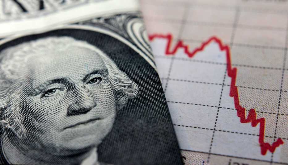 Un billete de un dólar con un gráfico que muestra una línea roja bajando