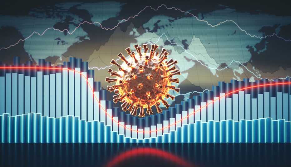 Ilustración del mapa del mundo con una gráfica de barras estadísticas de la propagación de la covid en el 2022
