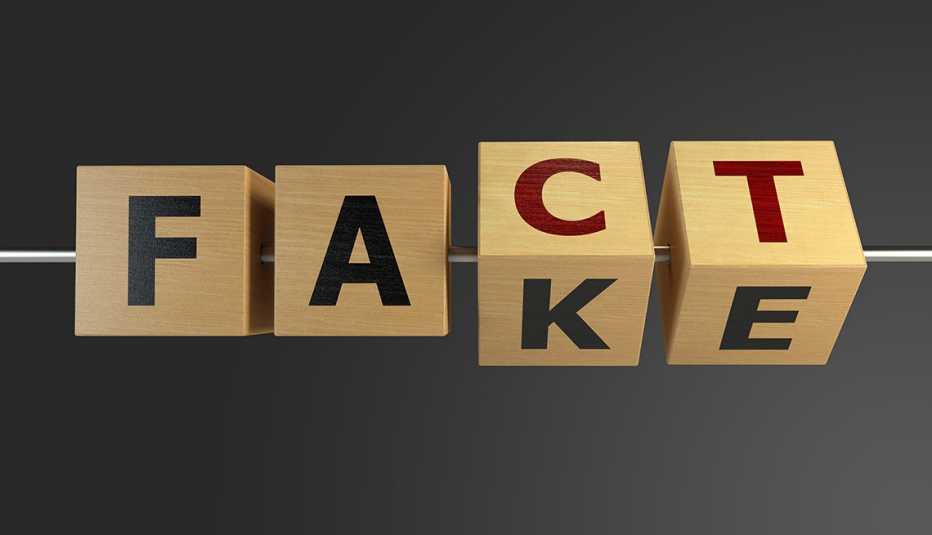 Cubos de madera con las palabras en inglés Fact y Fake