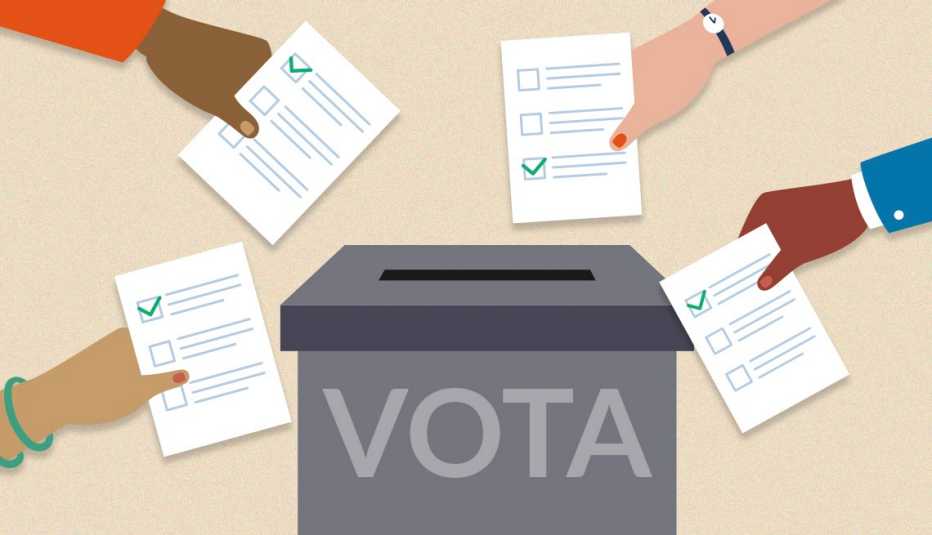 Varias manos de personas moviéndose hacia una urna para emitir sus votos