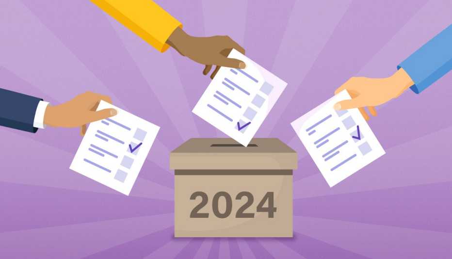 Ilustración muestra tres manos depositando papeletas de votación en una urna marcada con el año dos mil veinticuatro