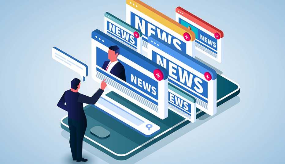 Ilustración de un hombre y un teléfono móvil del que salen diferentes titulares de noticias