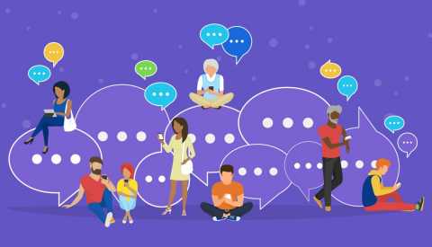 Una ilustración con diferentes personas enviándose mensajes y hablando entre sí en línea.