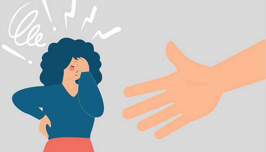 Ilustración de una mujer tocándose la cabeza en apuros con una mano ofreciendo ayuda.