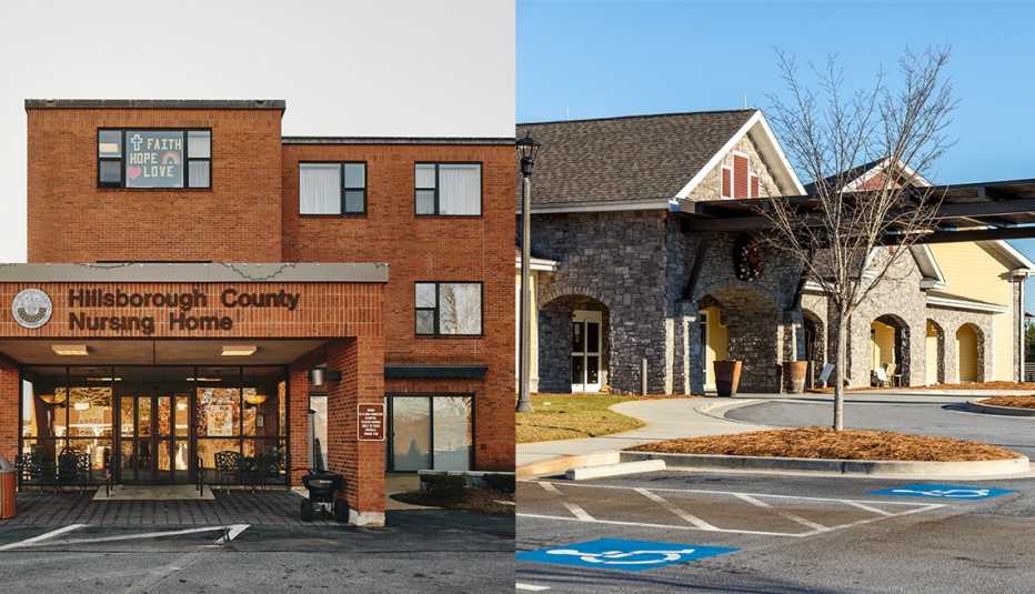 En un lado el hogar de Ancianos del Condado de Hillsborough en Goffstown, New Hampshire, y en el otro lado, el hogar de ancianos Pebblebrook en Park Springs en Stone Mountain, Georgia.