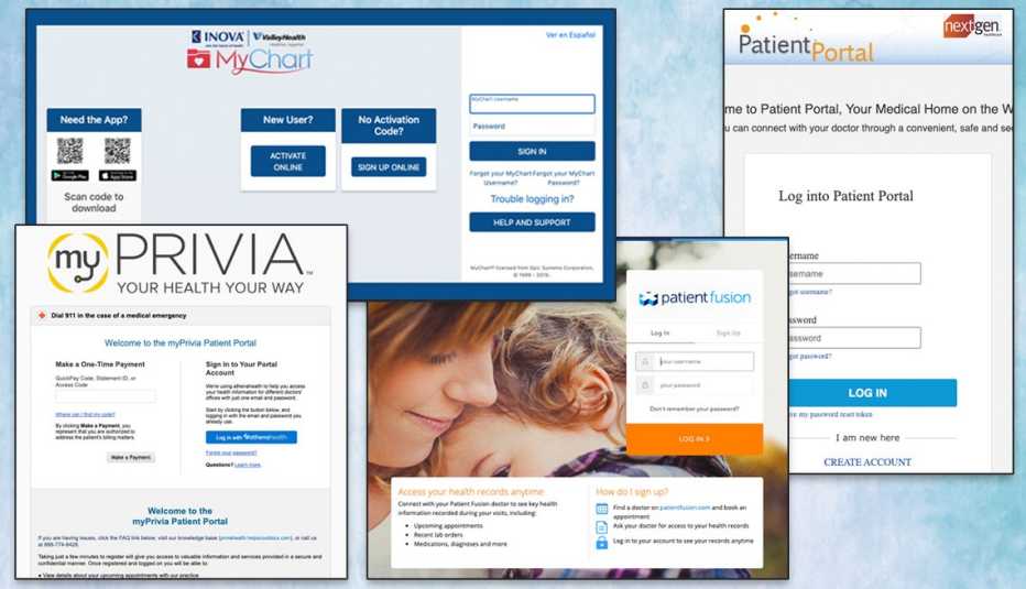 Varias capturas de pantalla que muestran diferentes ejemplos de portales para pacientes