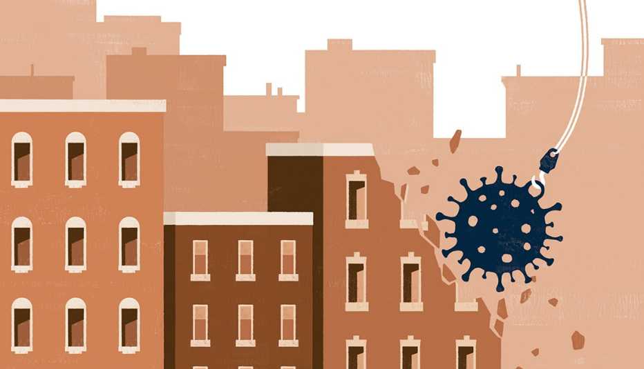 Ilustración de una bola de demolición en forma de virus destruyendo edificios de color marrón