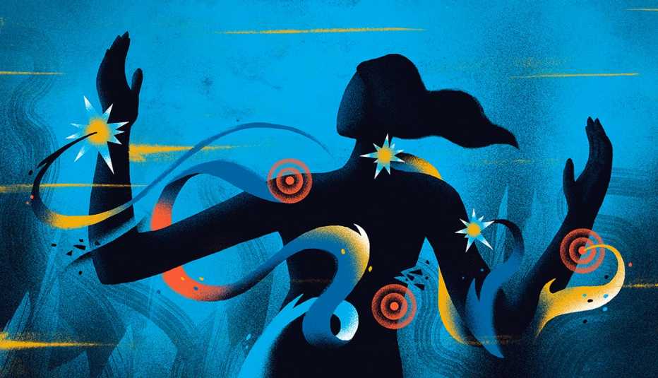 Ilustración de una mujer rodeada de ondulaciones y circulos de colores