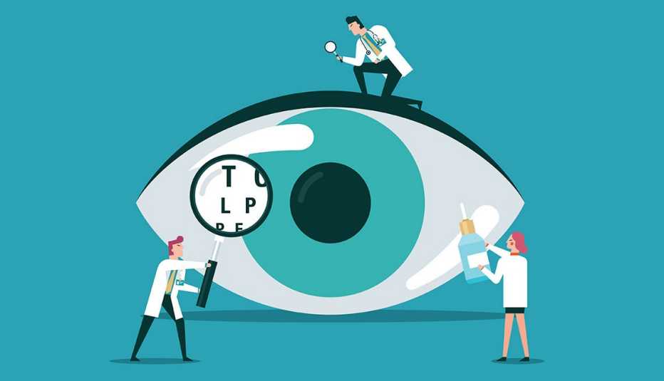 Ilustración de un ojo gigante y tres médicos le proveen cuidado
