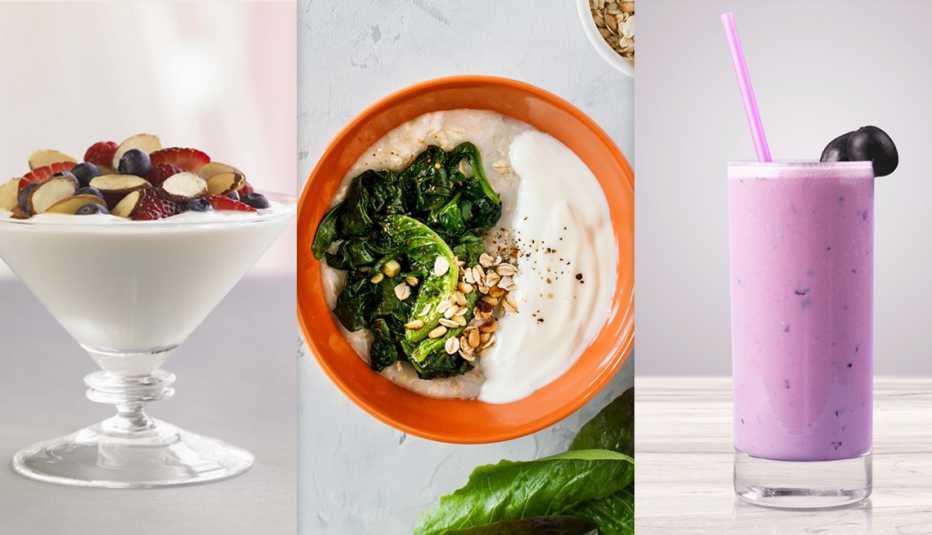 Tres fotos de comida, yogur, avena con yogur y un batido de frutas