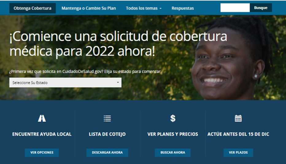 Captura de pantalla del sitio web de CuidadodeSalud.gov