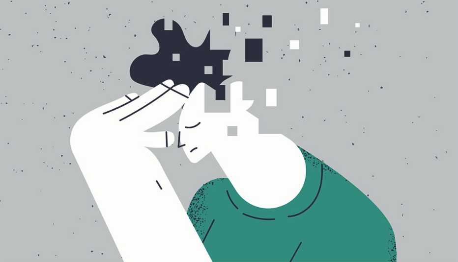 Imagen abstracta de una persona con su mano en la frente mientras su cerebro se desintegra en pedazos