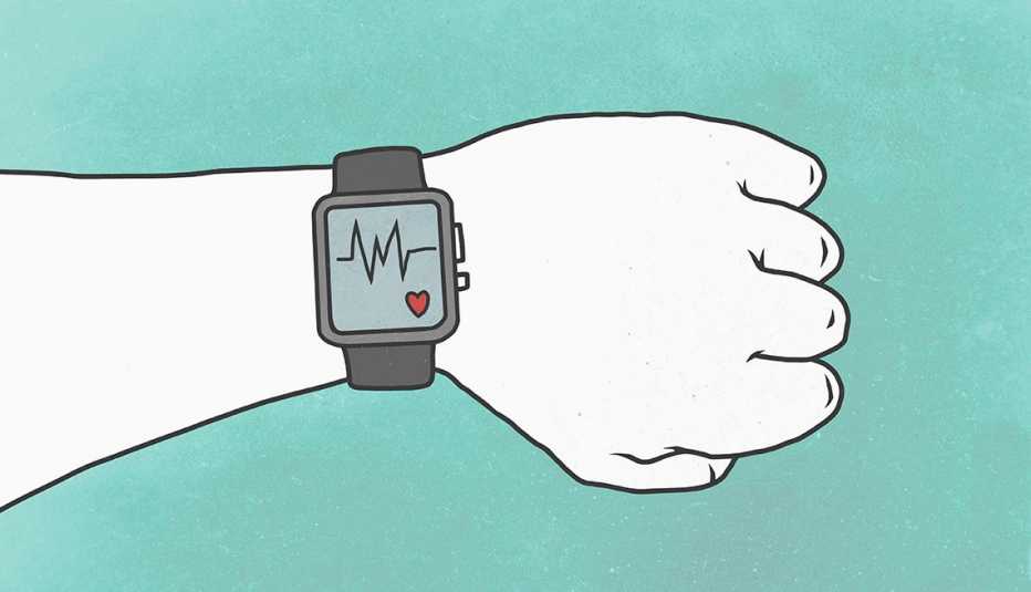 Ilustración de una mano con un reloj inteligente que monitorea la salud
