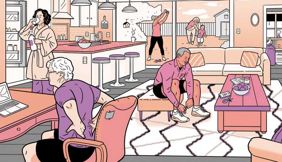 Ilustración de varias personas realizando diferentes actividades o movimientos dentro y fuera de una casa
