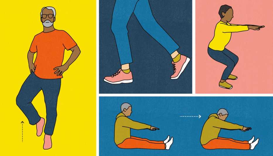 Ilustración de personas haciendo la prueba de balance, flexibilidad, fuerza muscular y acondicionamiento físico.