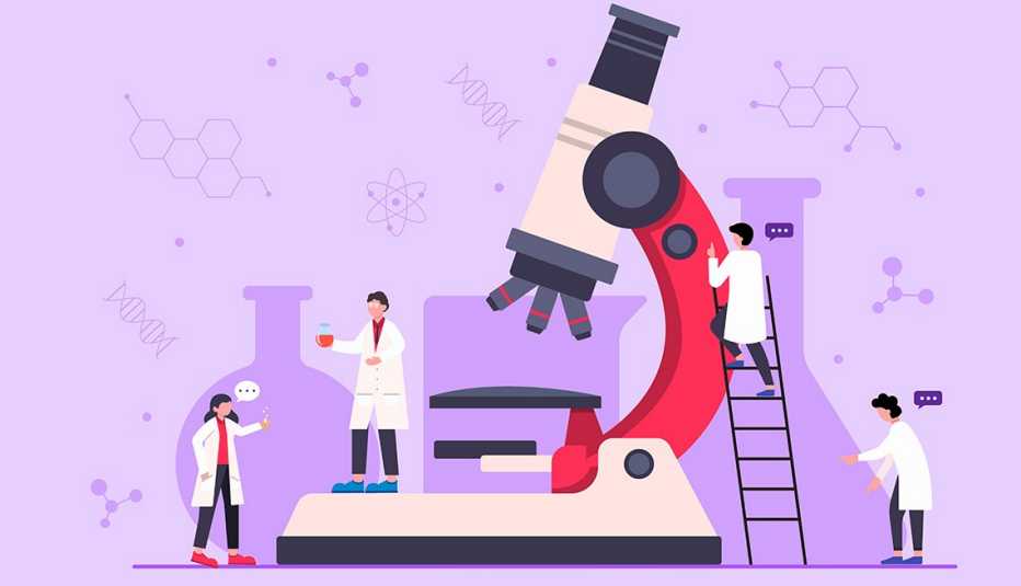 Ilustración de un microscopio gigante y varios científicos haciendo investigaciones