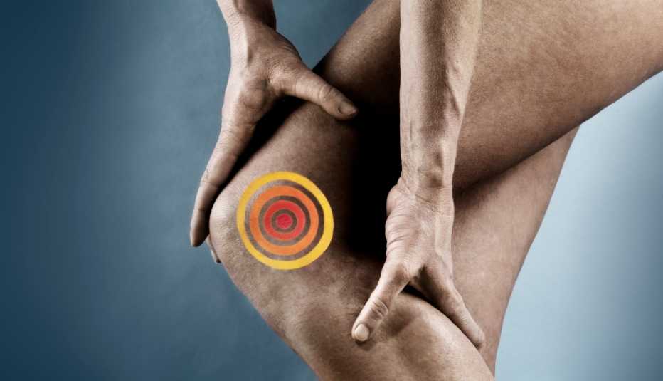 Una mujer se lleva las manos a la rodilla en señal de dolor y una diana de varios colores sobre el área de dolor 