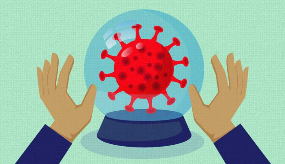 unas manos que intentan ver el futuro en una bola de cristal que tiene un virus adentro