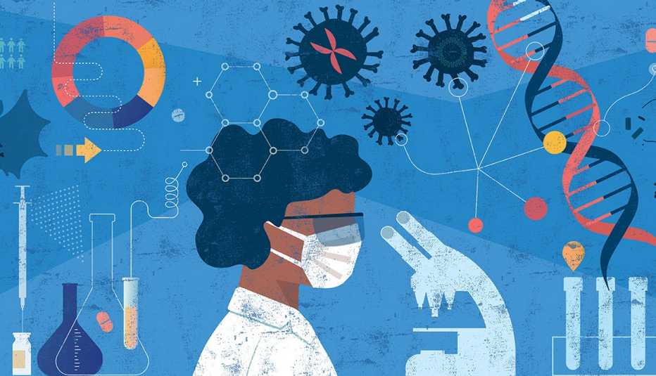 Ilustración de una mujer científica trabajando con virus de COVID