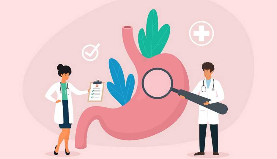 Ilustración de dos médicos examinando un estómago