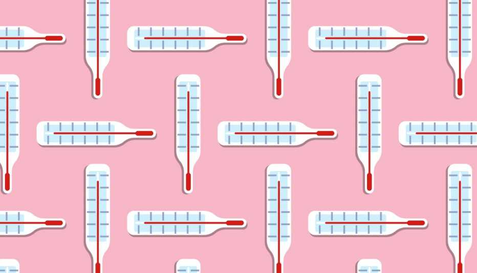 Ilustración de varios termómetros sobre un fondo rosado