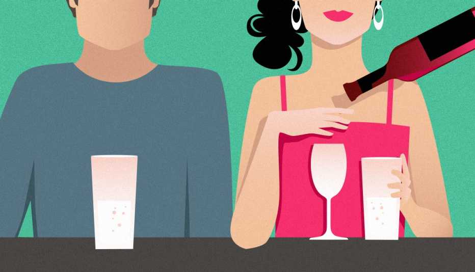 Ilustración de una paraja tomando agua con gas y la mujer pide que no le sirvan más vino
