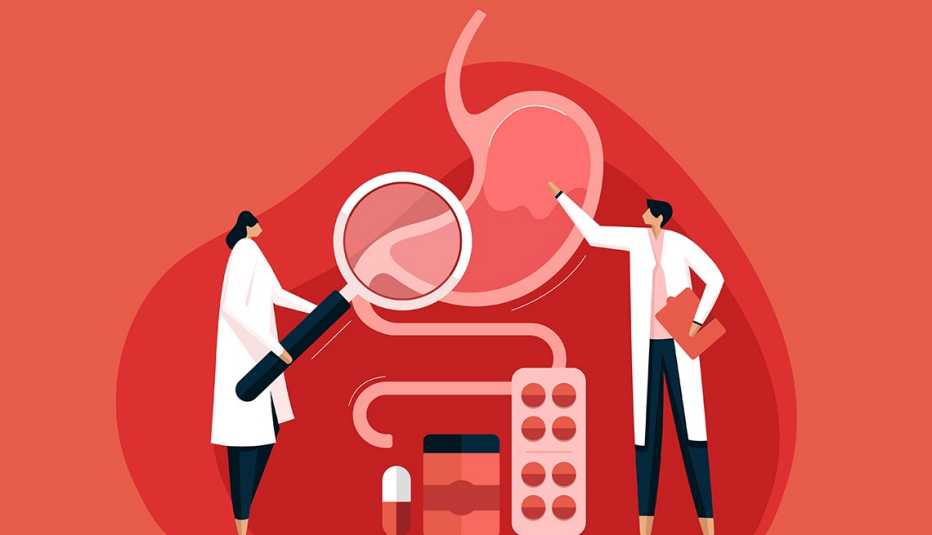Ilustración de dos doctores examinando un estómago de una persona que ha consumido medicamentos para la acidez estomacal