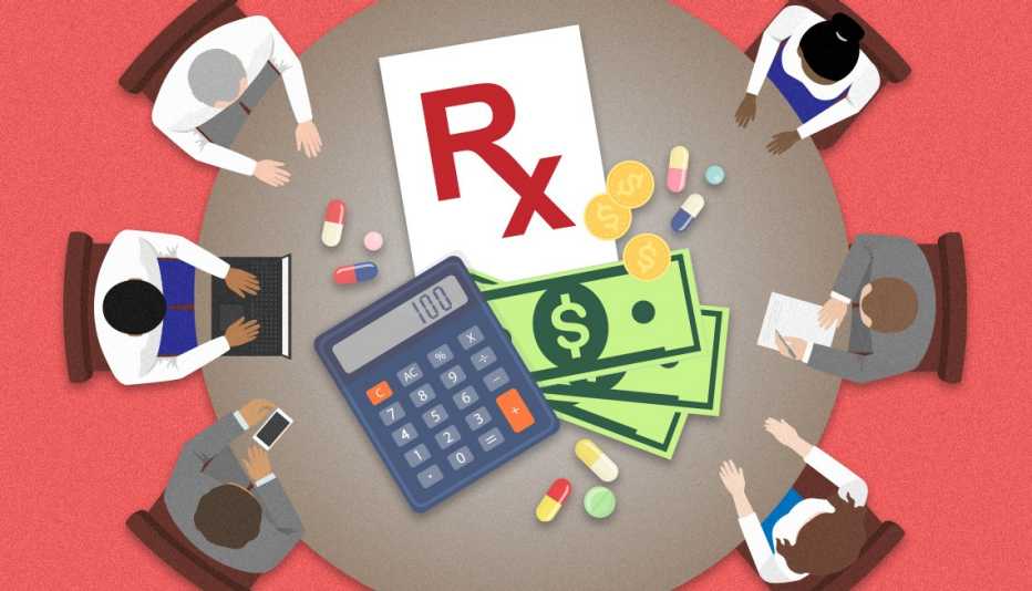 ilustración de una mesa de reuniones redonda, con seis personas sentadas a su alrededor, una calculadora, un cartel con las letras r x, dinero y medicamentos recetados para negociar los precios de los medicamentos recetados 