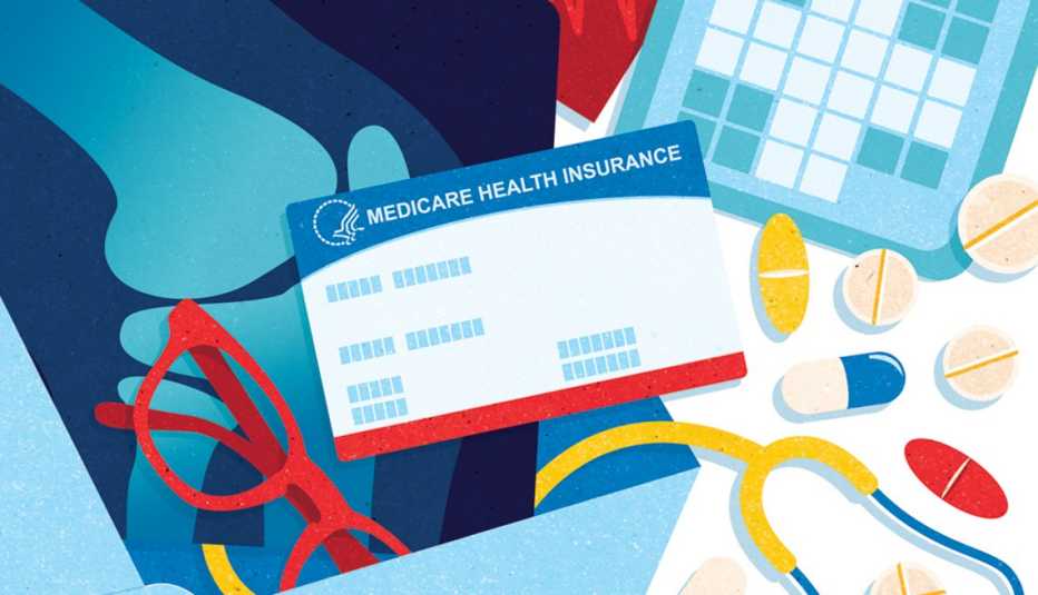 Ilustración de una tarjeta de Medicare rodeada de una radiografía, unos espejuelos, una calculadora, pastillas y un estetoscopio